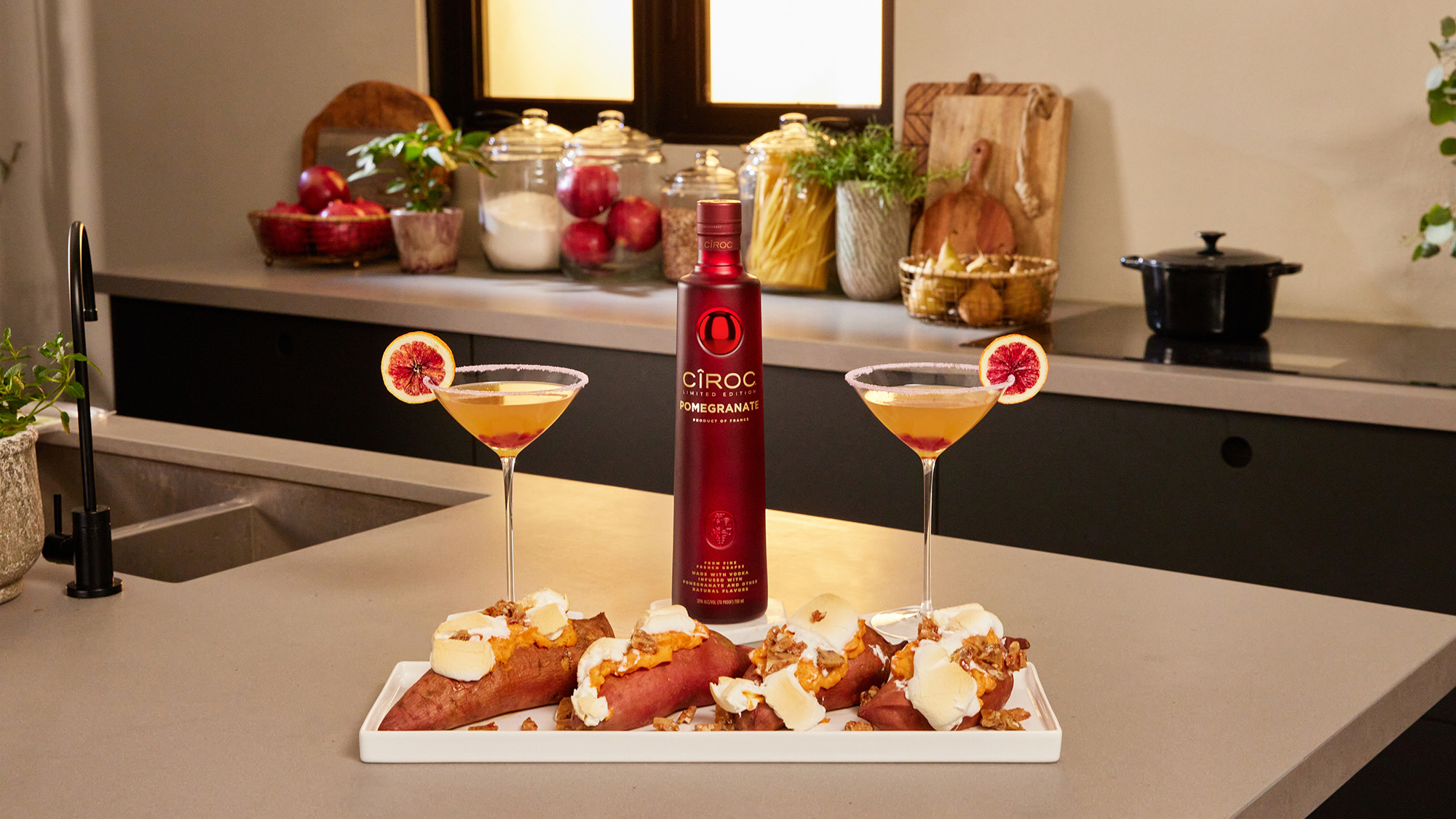 Twice Baked Sweet Potatoes with Toasted Marshmallows and Pecan Bacon Brittle paired with CÎROC Pomegranate Spritzer - Chef Richard