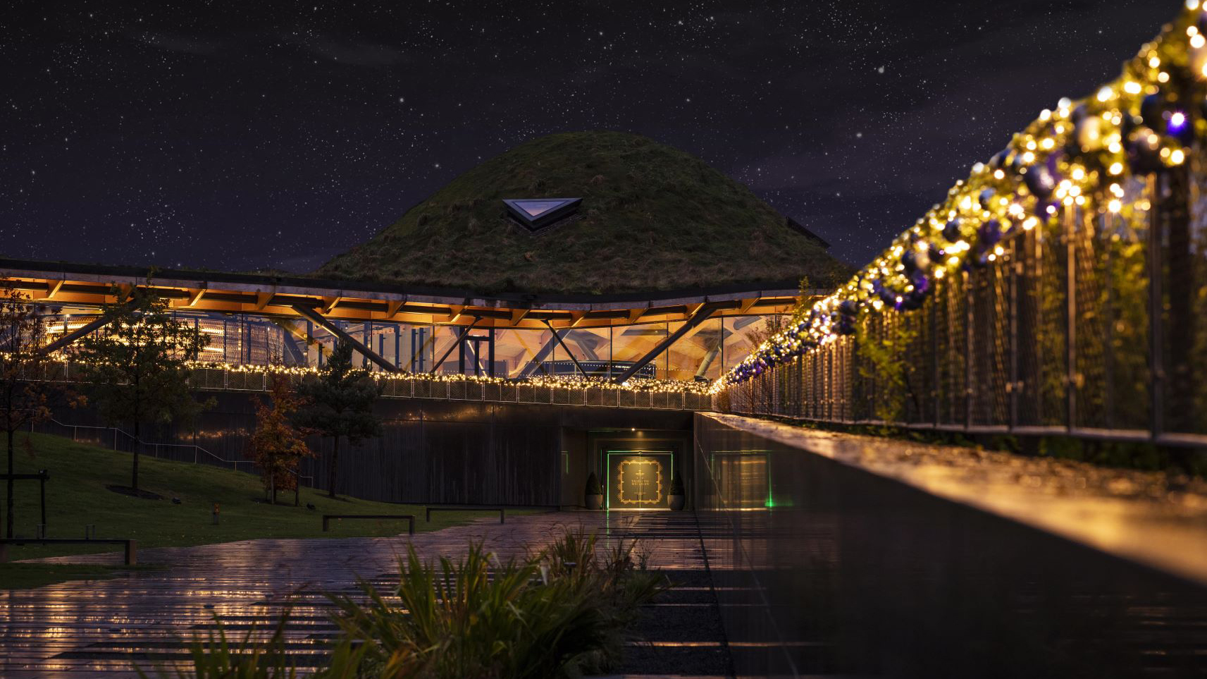 The Macallan Estate exterior with festive lighting